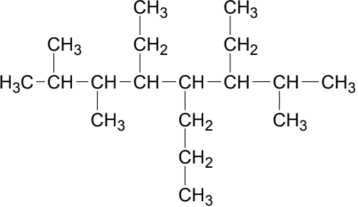 Strukturformel eines verzweigten Alkans mit mehreren Methyl- und Ethyl-Seitenketten
